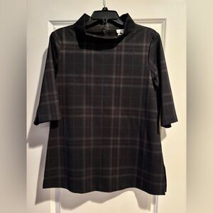 Neiman Marcus Plaid Blouse Size 12 Black Short Sleeve Mock Neck NWT